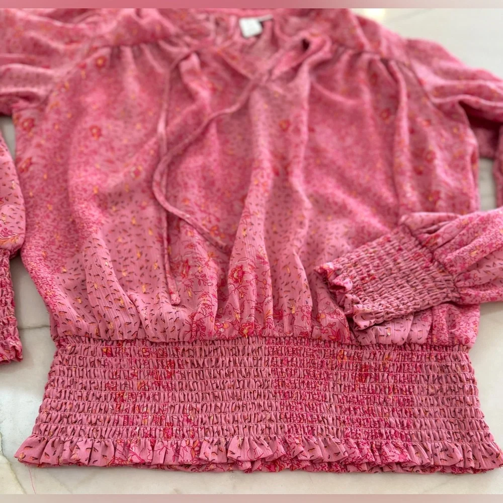 Joie Pink and Gold Floral ballerina blouse Sz M - Picture 6 of 8